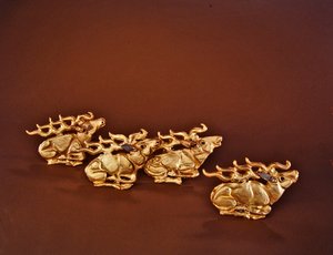Rena, quatro placas de um quiver de madeira (ouro e turquesa)